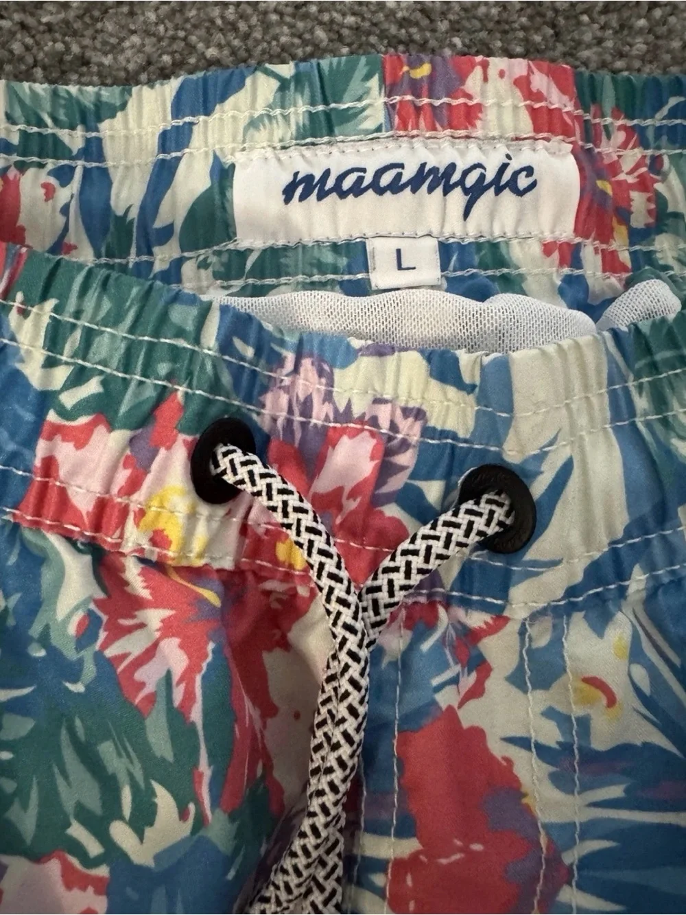 maamgic Men's Swim Shorts L Blue Green Red Tropical Floral Drawstring Mesh Lined